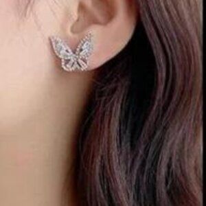 Han Kou S925 Butterfly Shaped Clear Rhinestones Stud Earrings Korea Silver